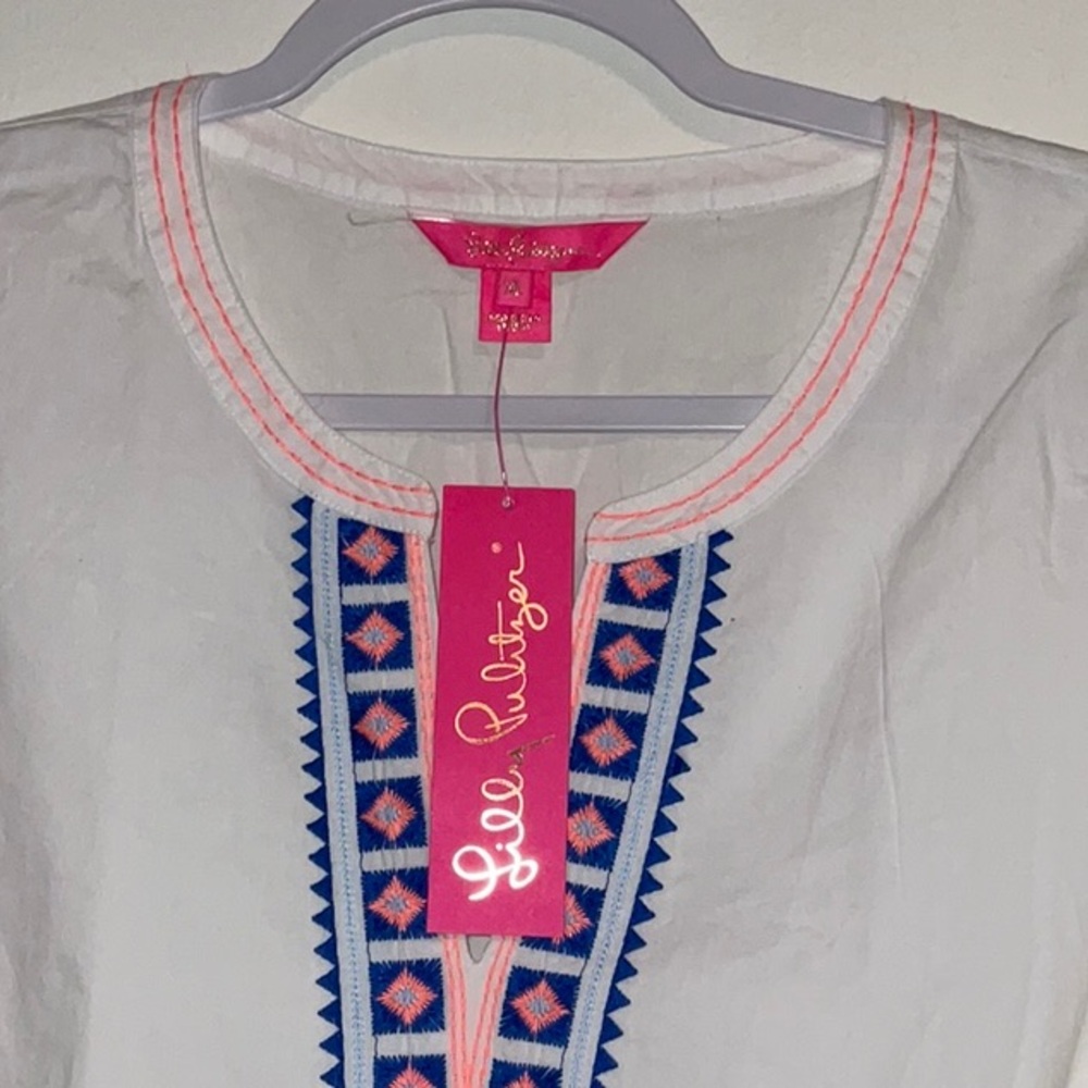 LILLY PULITZER 100% COTTON HOT PINK BLUE EMBROIDERED RISSA TUNIC TOP SIZE XL NWT